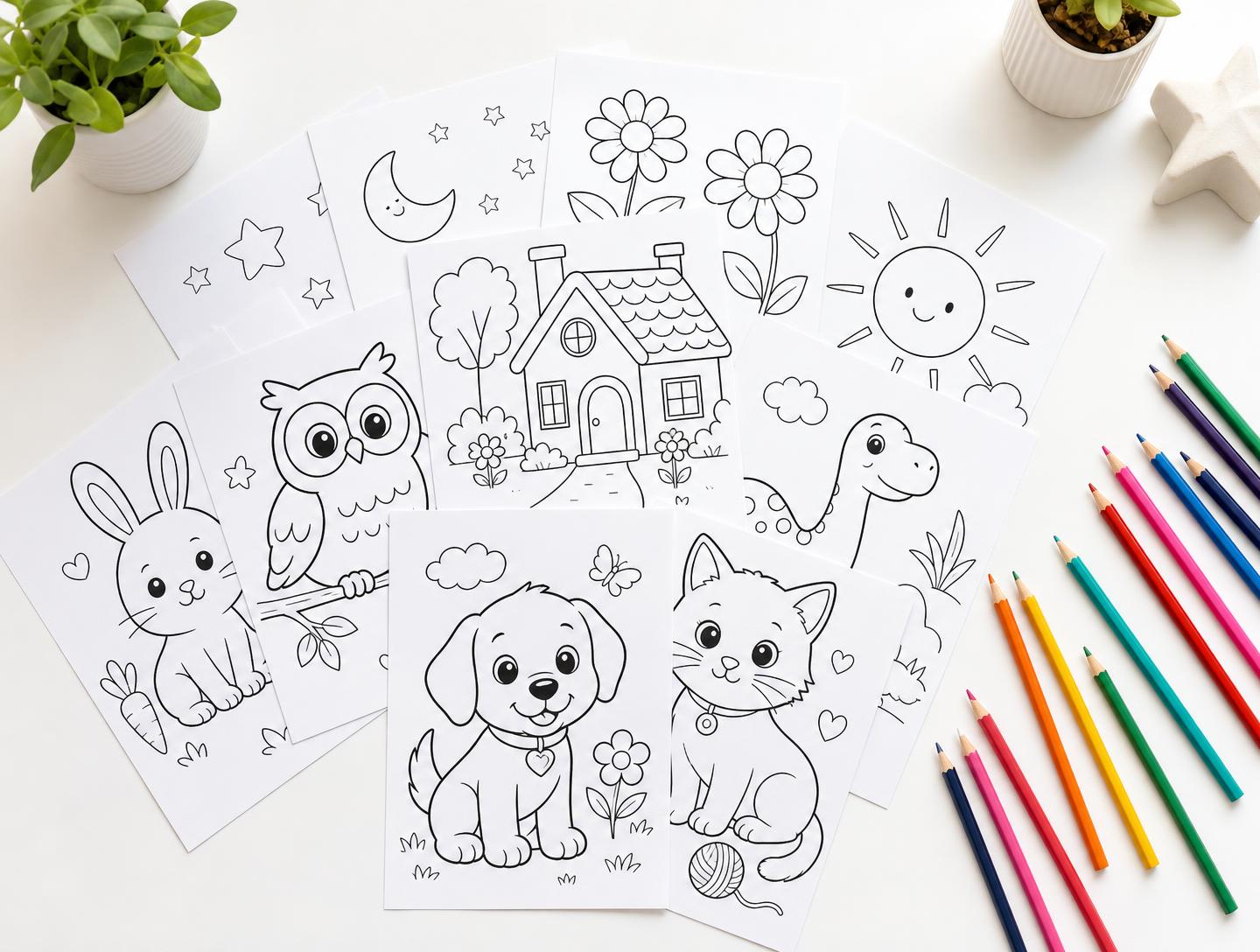 Várias folhas com desenhos infantis para colorir espalhadas sobre a mesa ao lado de lápis de cor