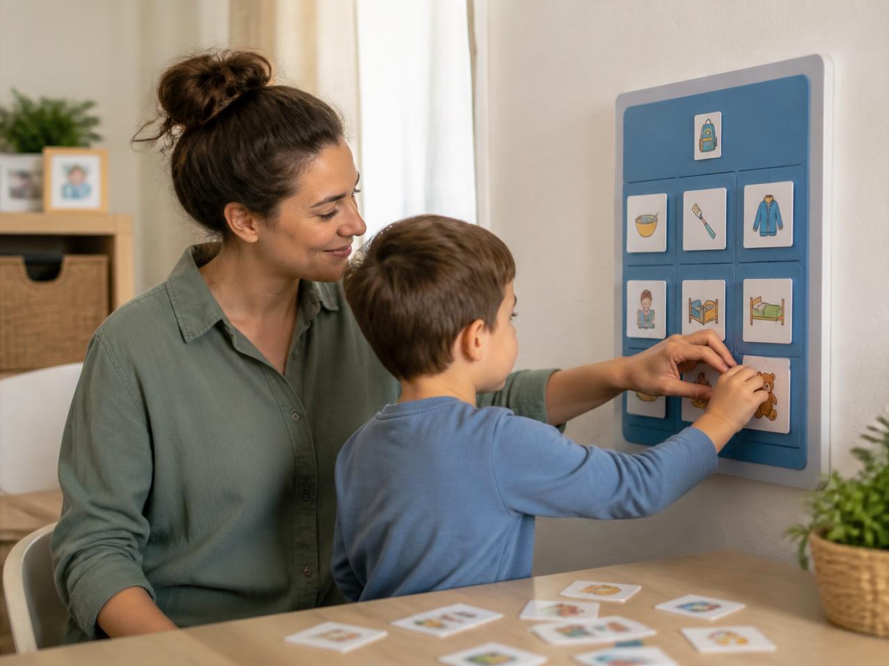 Mãe e criança organizando juntos cartões visuais em um quadro de rotina em casa