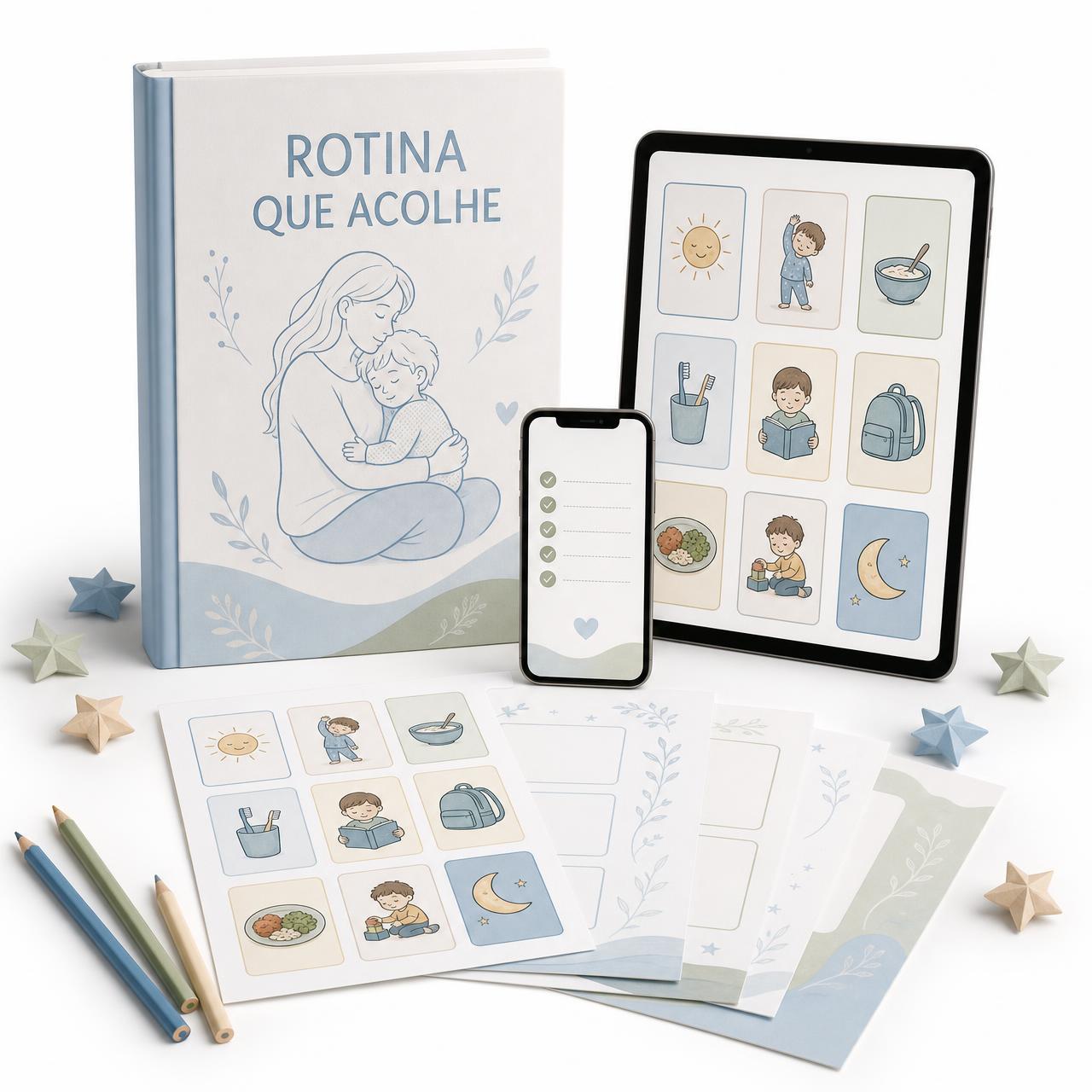 Composição do kit Rotina que Acolhe: capa do e-book, tablet e celular exibindo cartões de rotina, folhas impressas e lápis de cor