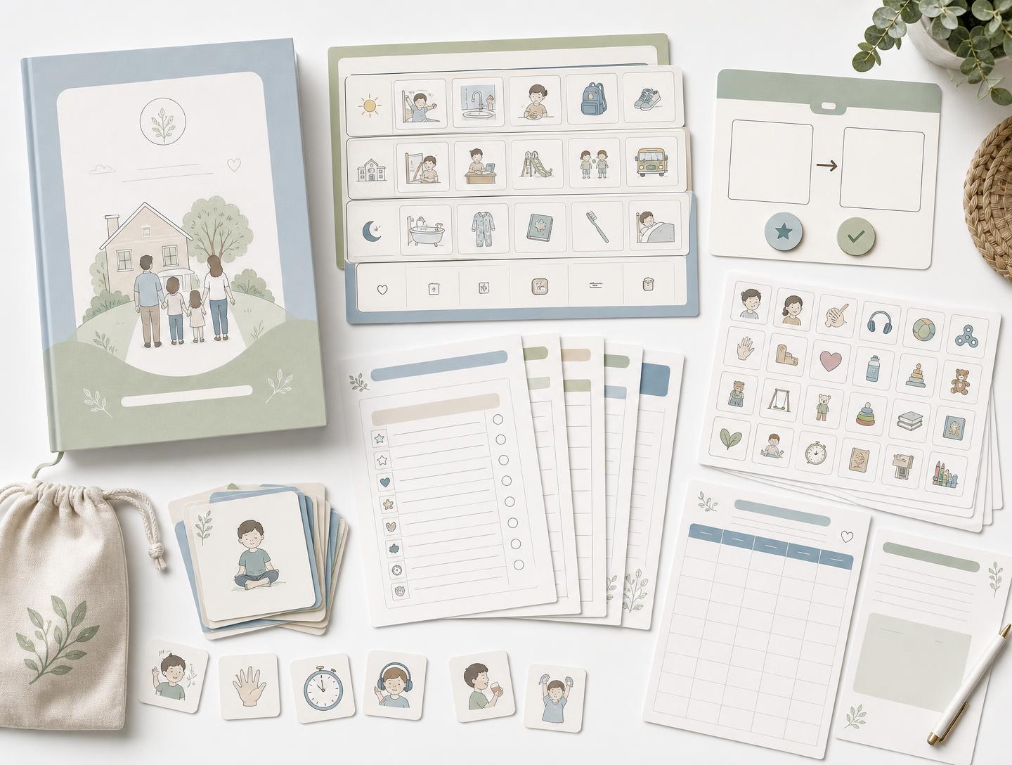 Materiais do kit organizados sobre a mesa: e-book, quadros de rotina, cartões visuais, fichas do diário do cuidador e checklists